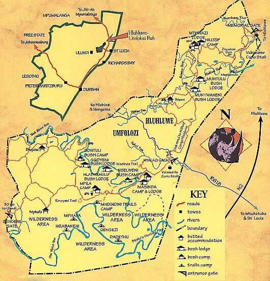 Plattegrond van het Hluhluwe Imfolozi Game Reserve