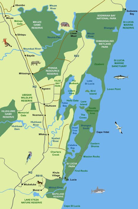 Plattegrond van het iSimangaliso Wetland Park