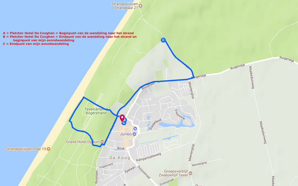 Routekaart van dag 1 op Texel