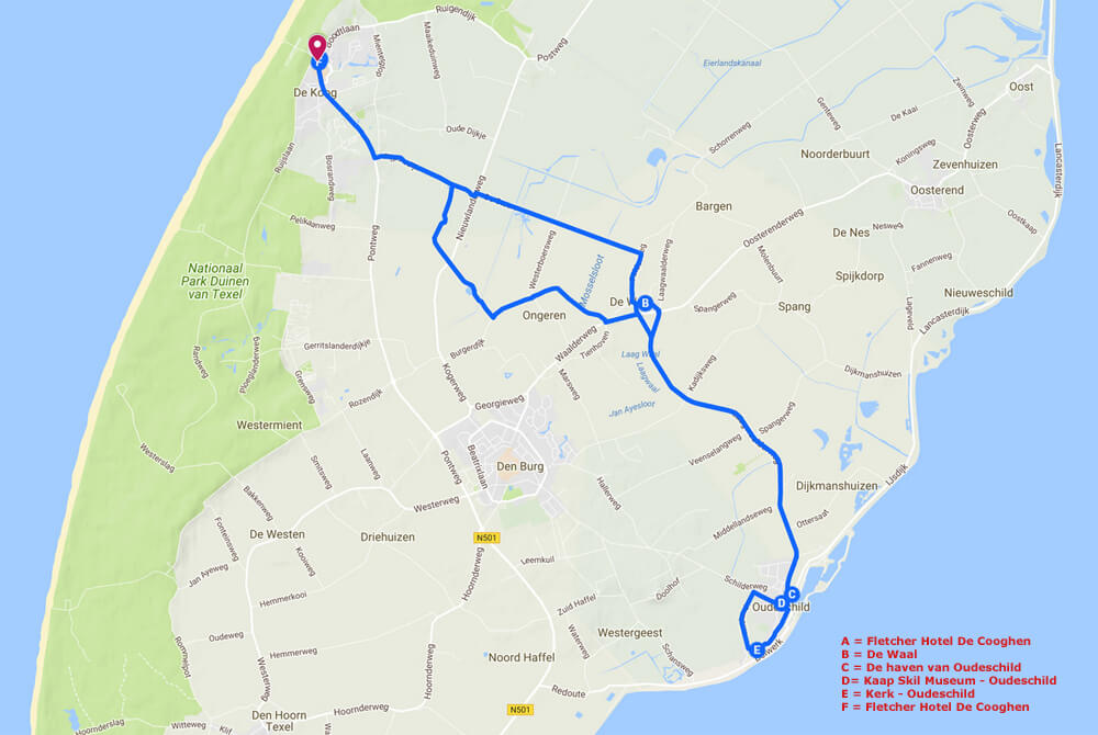 Routekaart van dag 5 op Texel