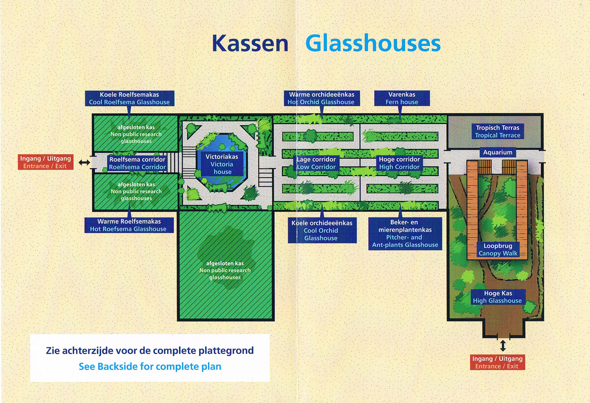 Plattegrond van de kassen in de Hortus Botanicus in Leiden