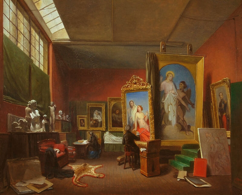 Ary Johannes Lamme, Ary Scheffer aan het werk in het grote atelier bij zijn woonhuis aan de rue Chaptal 16, 1851, Dordrechts Museum (schenking van H.O.W. de Kat van Barendrecht, 1866)