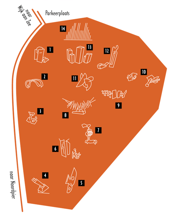 Plattegrond van het beeldenpark 'Een Zee van Staal' in Wijk aan Zee
