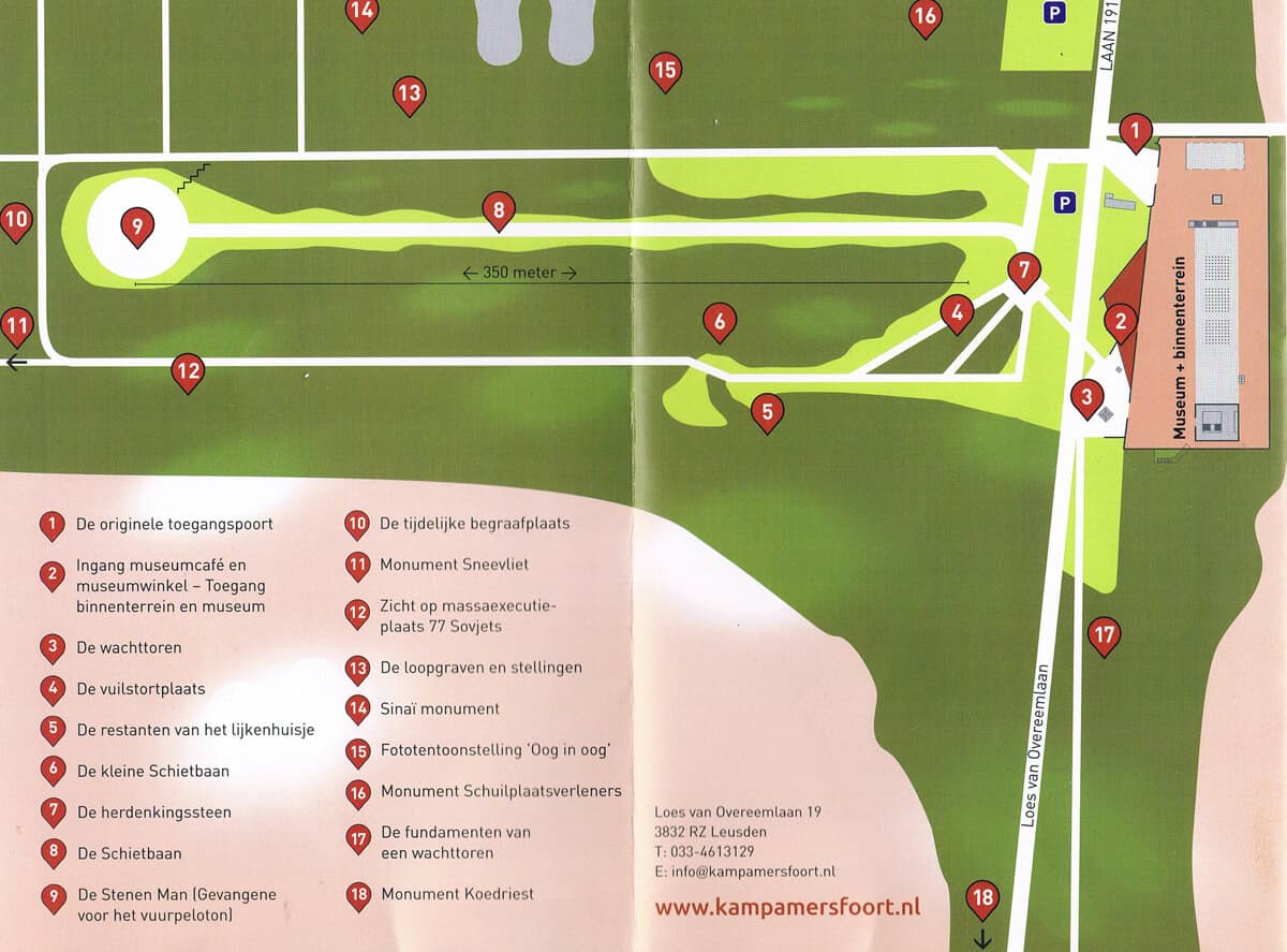 Plattegrond van het buitenterrein van Nationaal Monument Kamp Amersfoort