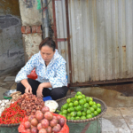 Een straatverkoopster onderweg tijdens de tuktuk tour door Hanoi<br/>Copyright © JTravel.nl Een straatverkoopster onderweg tijdens de tuktuk tour door Hanoi / Copyright © JTravel.nl