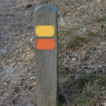 Geel en oranje wandelroutepaaltje tijdens de duinverhalen wandeling in de Amsterdamse Waterleidingduinen op 28 januari 2022<br/>Copyright © JTravel.nl Geel en oranje wandelroutepaaltje tijdens de duinverhalen wandeling in de Amsterdamse Waterleidingduinen op 28 januari 2022<br/>Copyright © JTravel.nl
